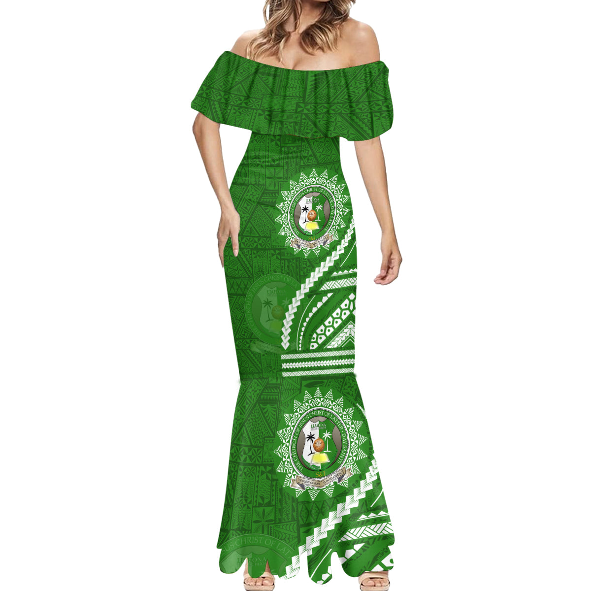 Liahona High School Mermaid Dress Ngatu and Polynesian Pattern