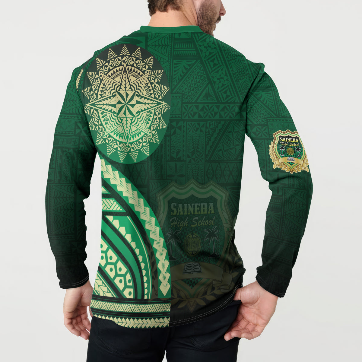 Saineha High School Button Sweatshirt Ngatu and Polynesian Pattern