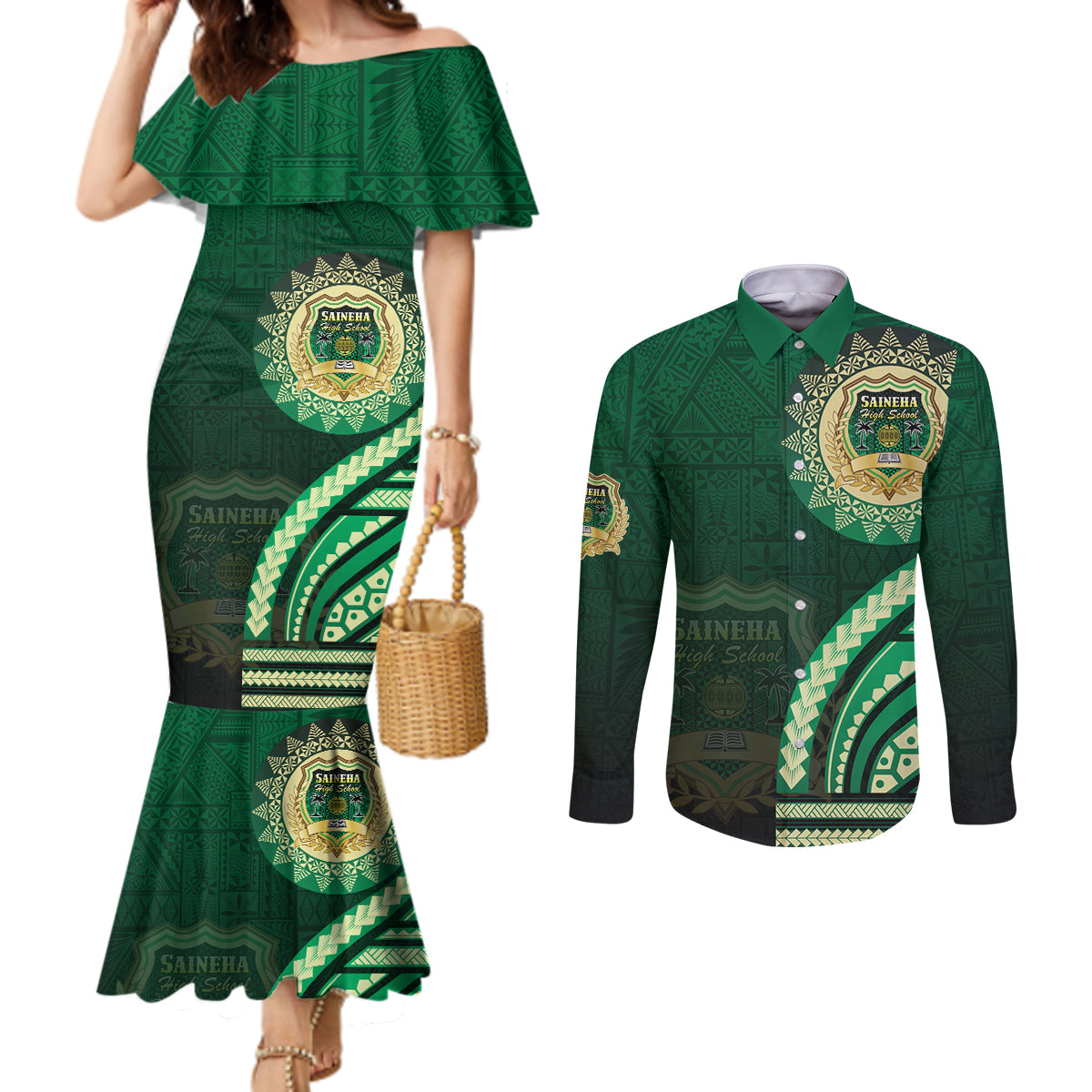 Saineha High School Couples Matching Mermaid Dress and Long Sleeve Button Shirt Ngatu and Polynesian Pattern