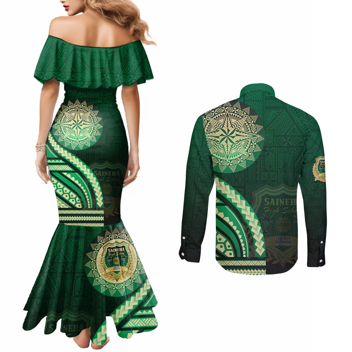 Saineha High School Couples Matching Mermaid Dress and Long Sleeve Button Shirt Ngatu and Polynesian Pattern