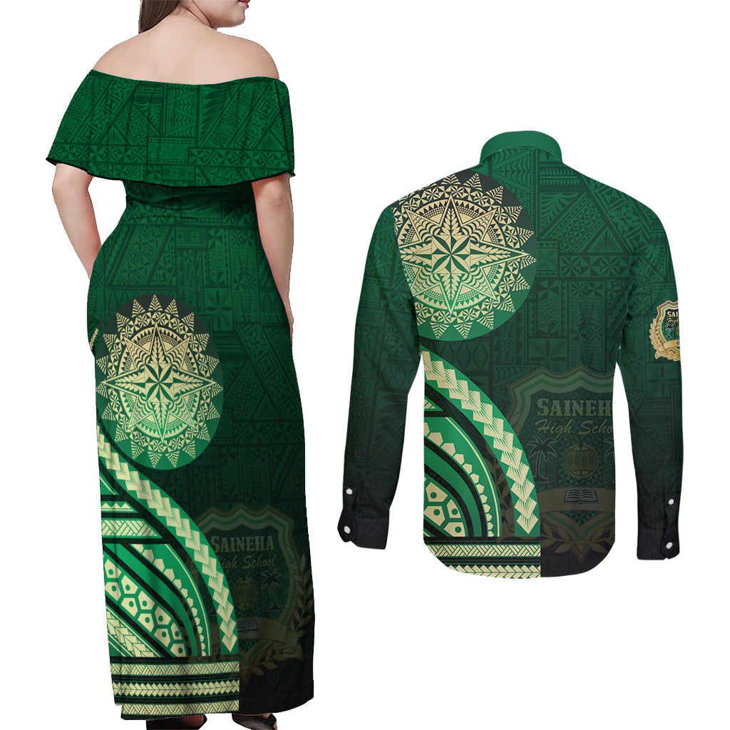 Saineha High School Couples Matching Off Shoulder Maxi Dress and Long Sleeve Button Shirt Ngatu and Polynesian Pattern