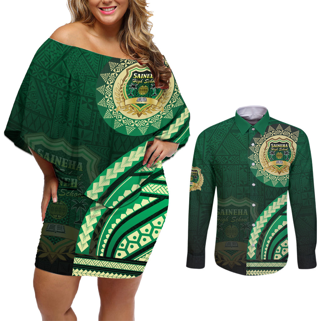Saineha High School Couples Matching Off Shoulder Short Dress and Long Sleeve Button Shirt Ngatu and Polynesian Pattern
