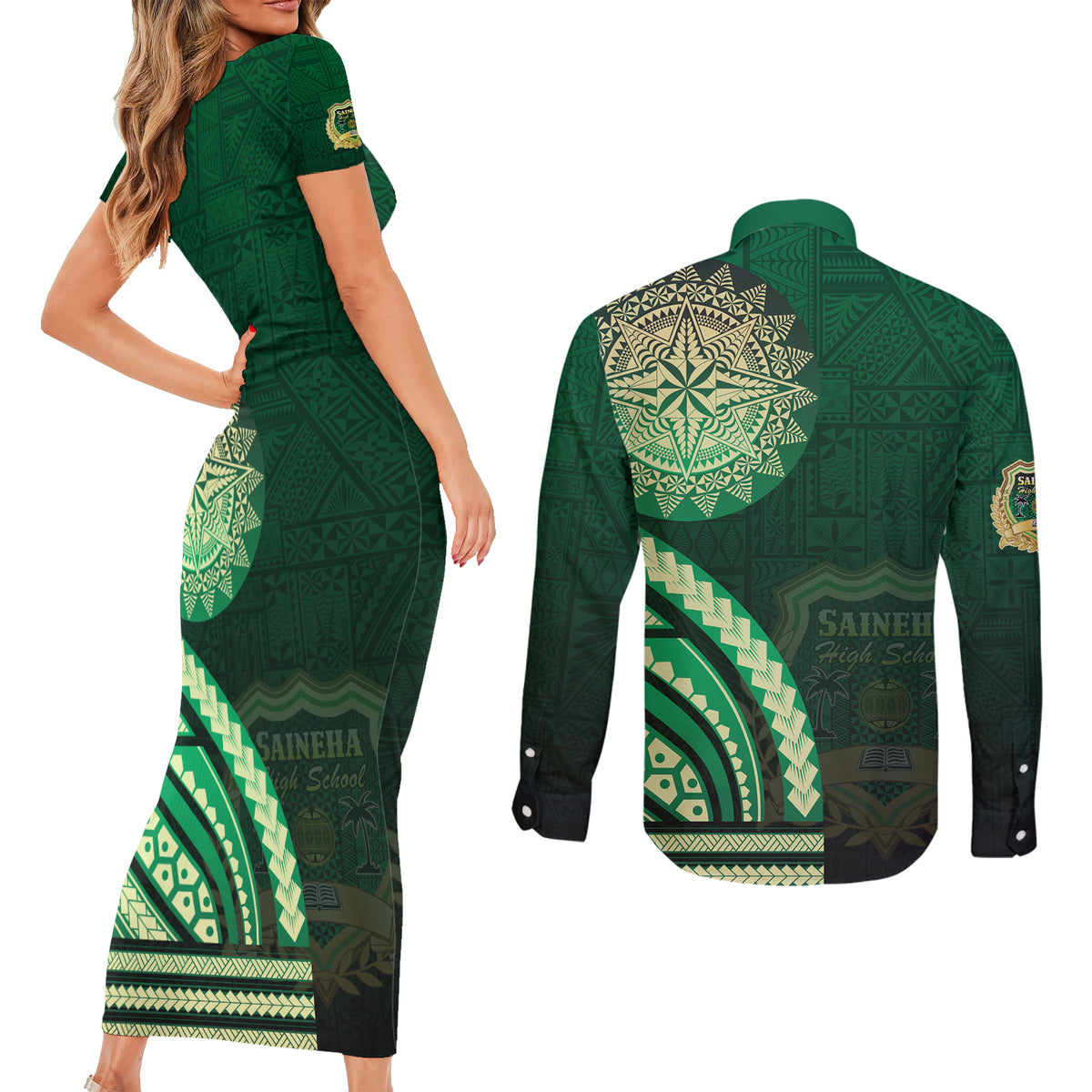 Saineha High School Couples Matching Short Sleeve Bodycon Dress and Long Sleeve Button Shirt Ngatu and Polynesian Pattern