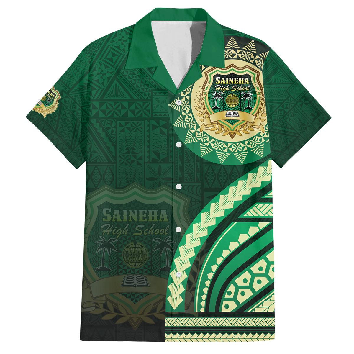 Saineha High School Family Matching Summer Maxi Dress and Hawaiian Shirt Ngatu and Polynesian Pattern LT03 Dad's Shirt - Short Sleeve Green - Polynesian Pride