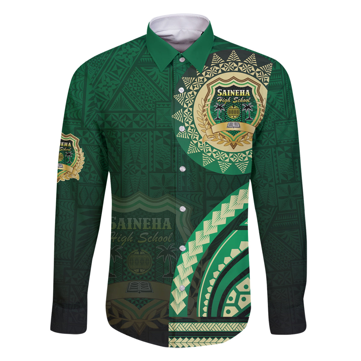Saineha High School Family Matching Summer Maxi Dress and Hawaiian Shirt Ngatu and Polynesian Pattern LT03 Dad's Shirt - Long Sleeve Green - Polynesian Pride
