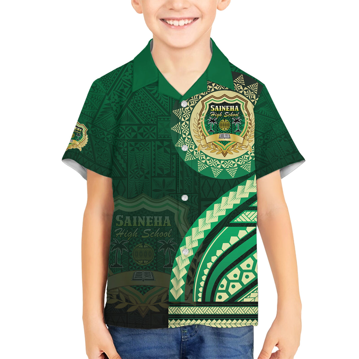 Saineha High School Family Matching Summer Maxi Dress and Hawaiian Shirt Ngatu and Polynesian Pattern LT03 Son's Shirt Green - Polynesian Pride