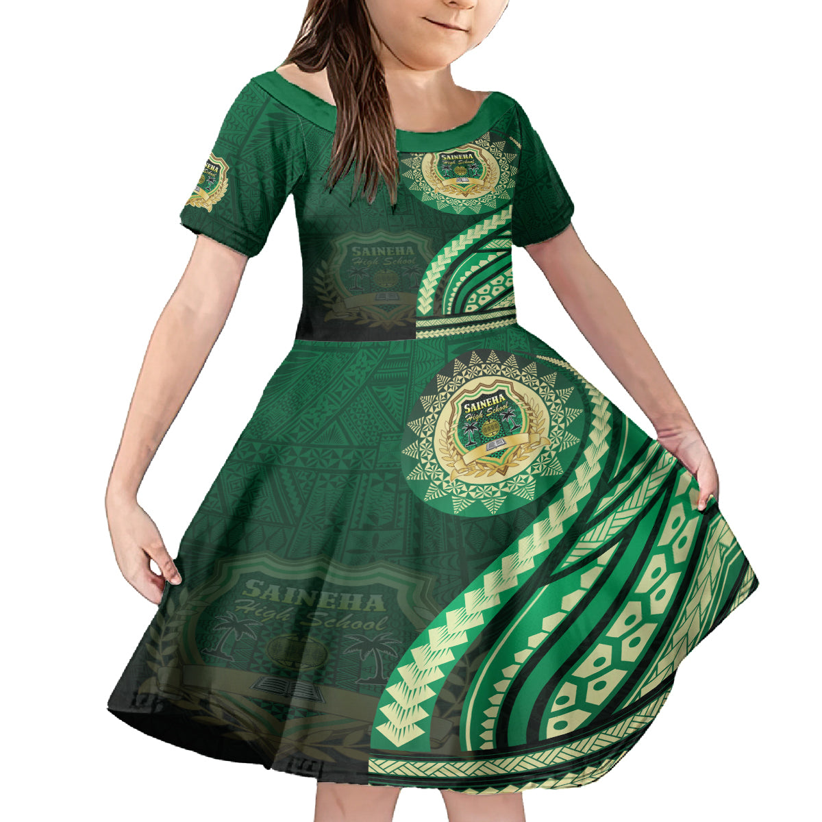 Saineha High School Kid Short Sleeve Dress Ngatu and Polynesian Pattern LT03 KID Green - Polynesian Pride