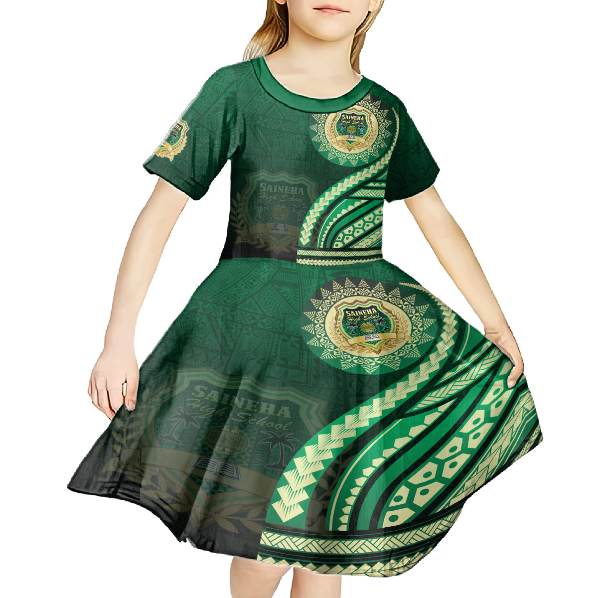 Saineha High School Kid Short Sleeve Dress Ngatu and Polynesian Pattern