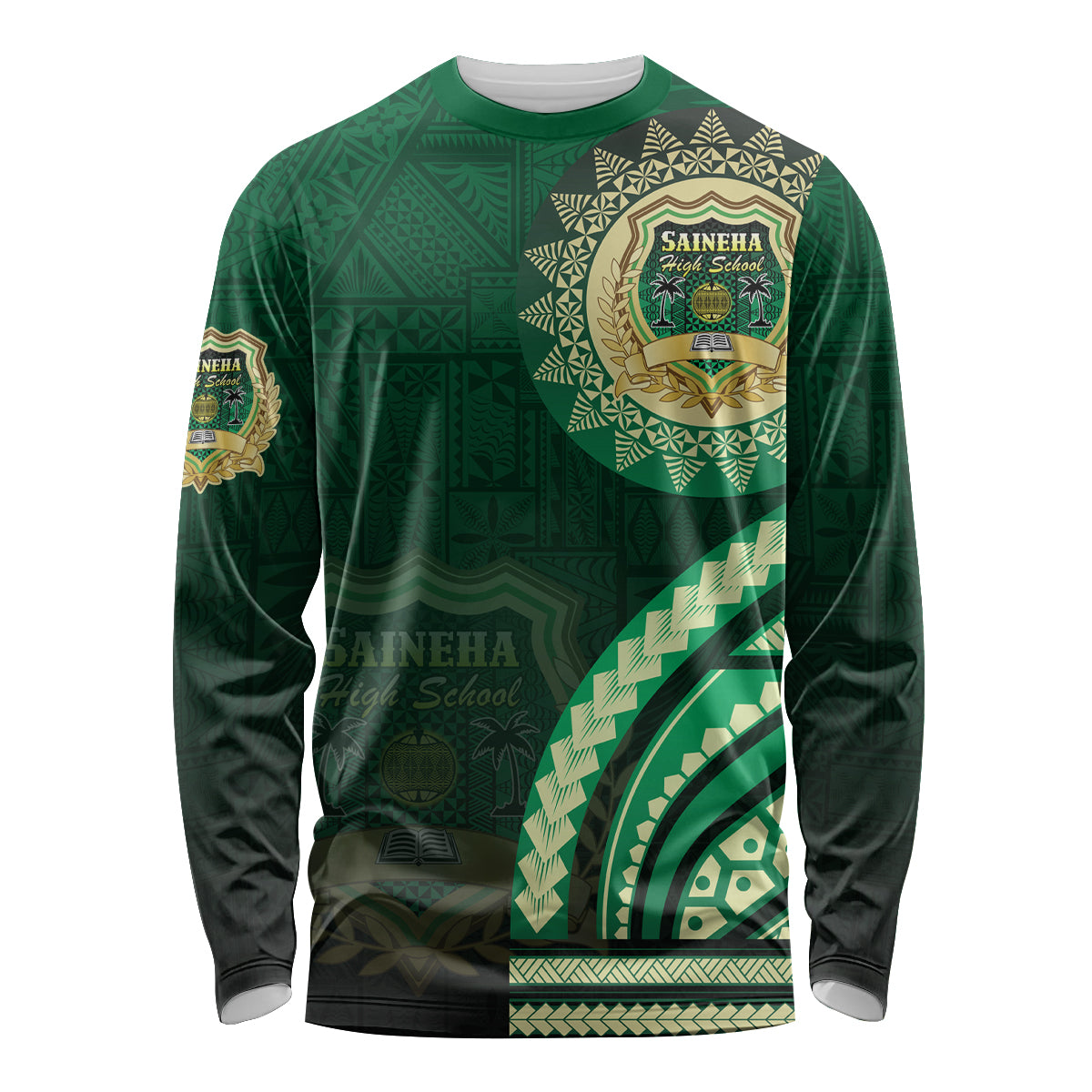Saineha High School Long Sleeve Shirt Ngatu and Polynesian Pattern LT03 Unisex Green - Polynesian Pride
