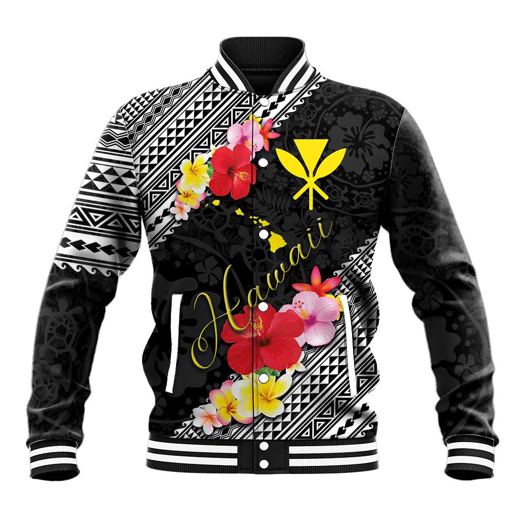 Aloha Hawaii Hibiscus and Plumeria Flowers Baseball Jacket Kanaka Maoli Tattoo Polynesian Pattern LT03 Unisex Black - Polynesian Pride