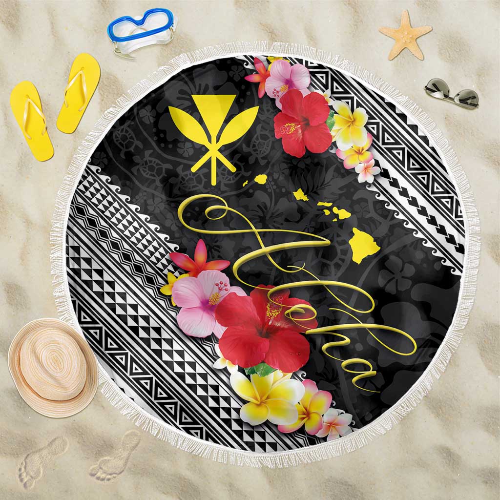 Aloha Hawaii Hibiscus and Plumeria Flowers Beach Blanket Kanaka Maoli Tattoo Polynesian Pattern LT03 One Size 150cm Black - Polynesian Pride