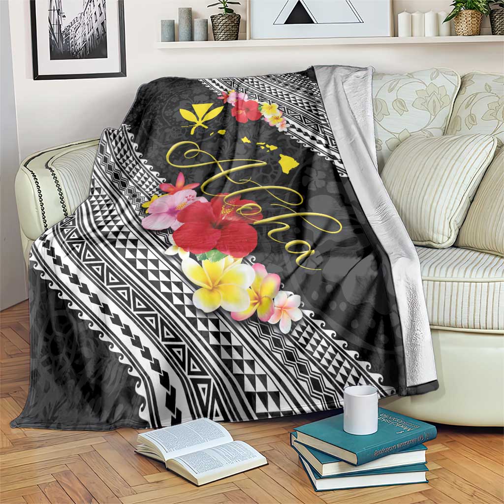 Aloha Hawaii Hibiscus and Plumeria Flowers Blanket Kanaka Maoli Tattoo Polynesian Pattern LT03 Black - Polynesian Pride