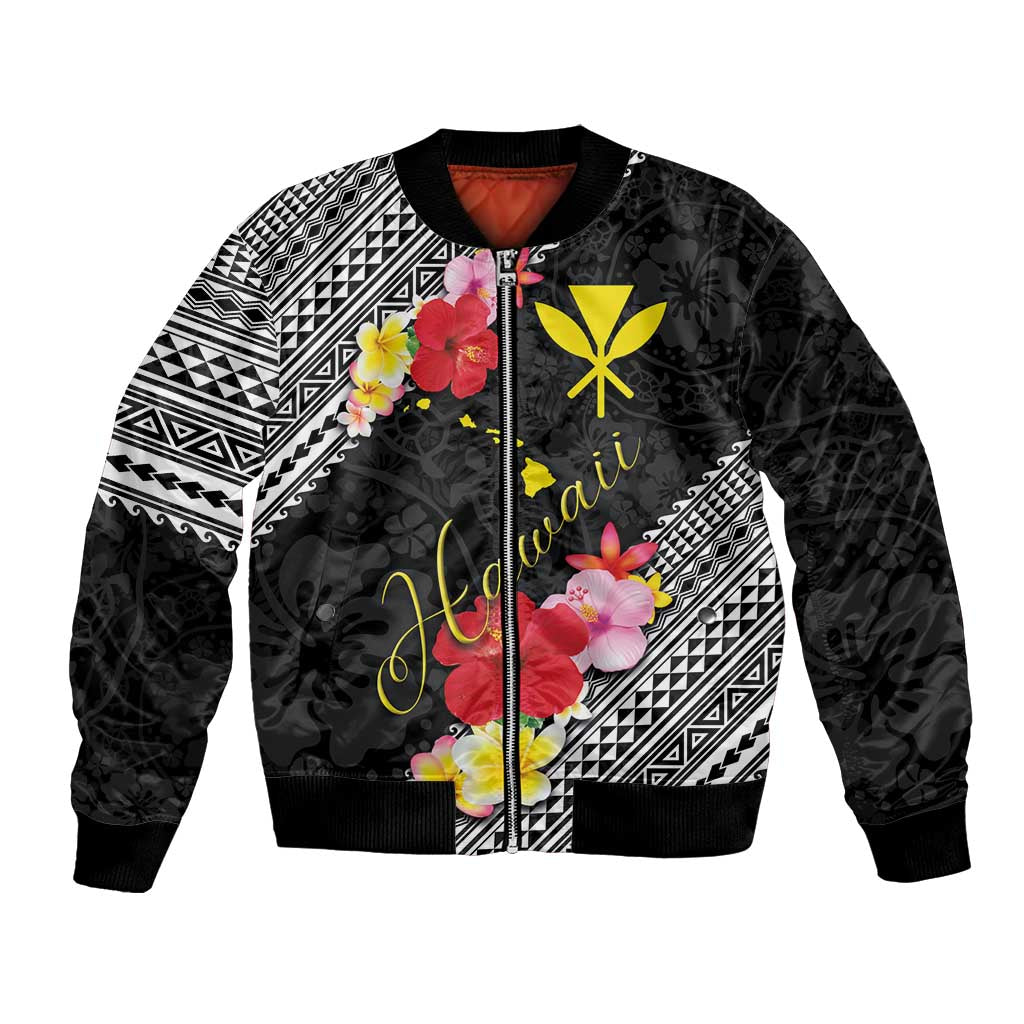 Aloha Hawaii Hibiscus and Plumeria Flowers Bomber Jacket Kanaka Maoli Tattoo Polynesian Pattern LT03 Unisex Black - Polynesian Pride