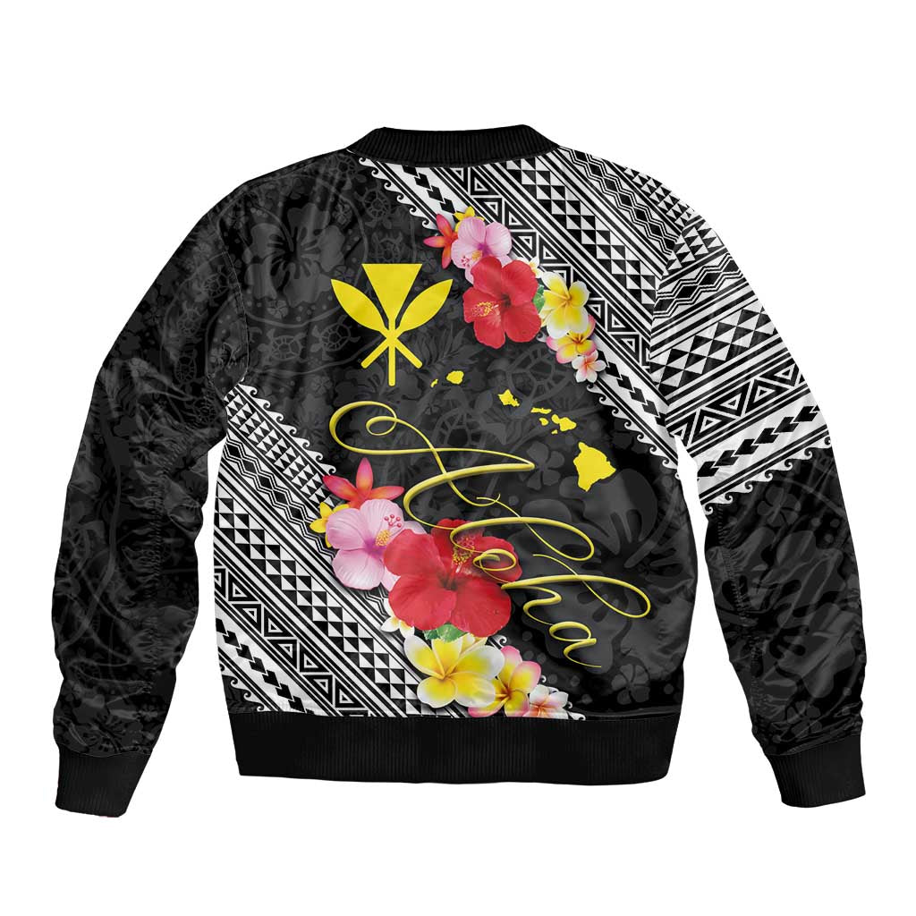 Aloha Hawaii Hibiscus and Plumeria Flowers Bomber Jacket Kanaka Maoli Tattoo Polynesian Pattern