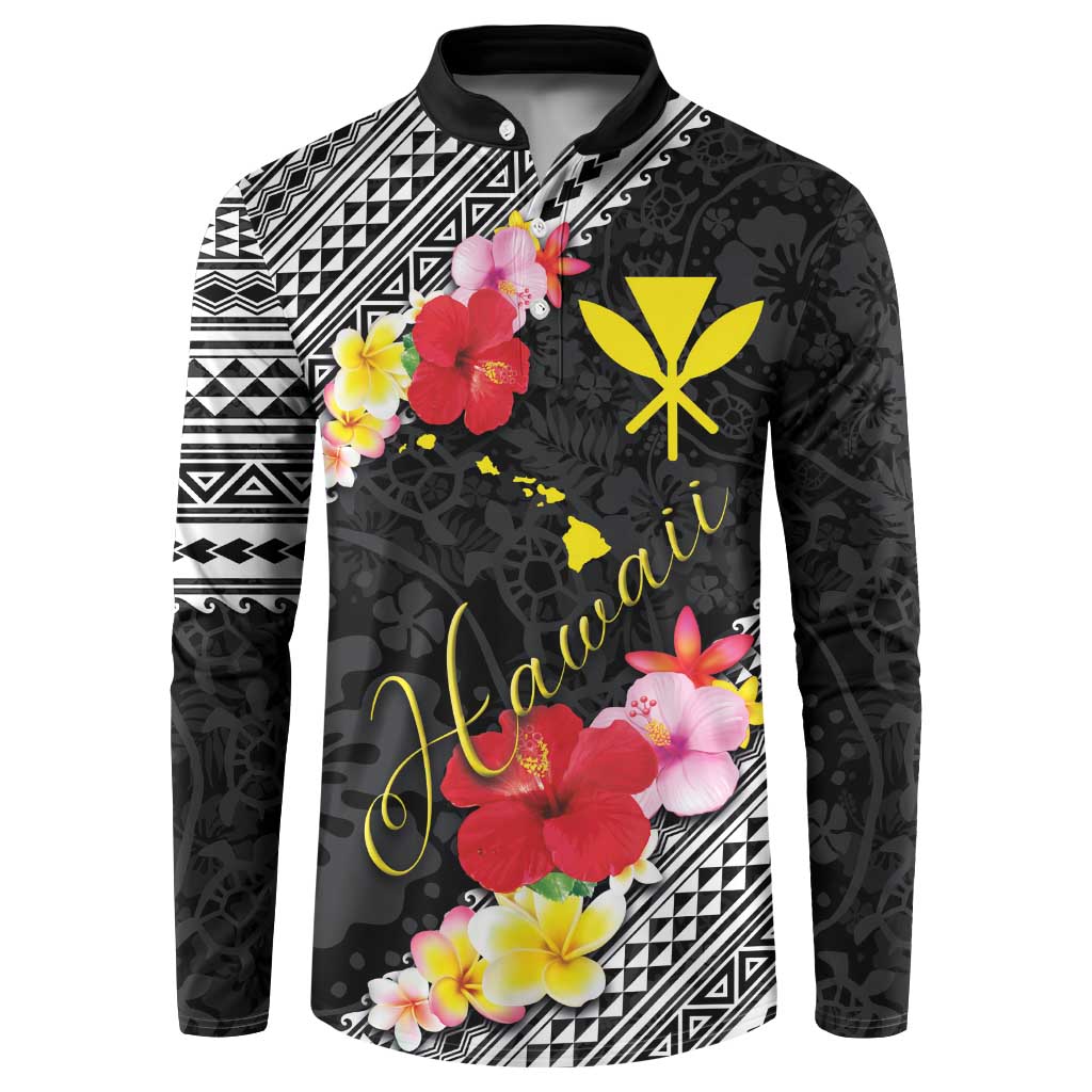 Aloha Hawaii Hibiscus and Plumeria Flowers Button Sweatshirt Kanaka Maoli Tattoo Polynesian Pattern LT03 Black - Polynesian Pride