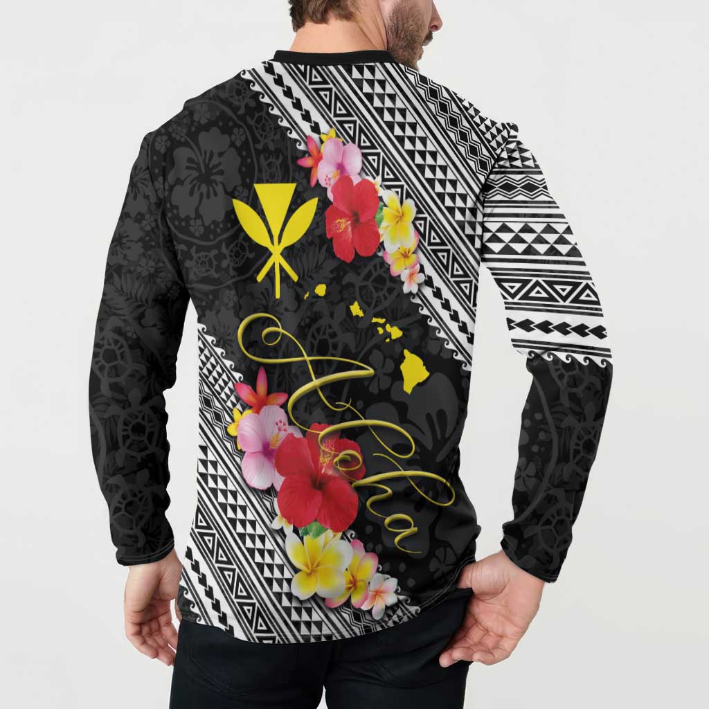 Aloha Hawaii Hibiscus and Plumeria Flowers Button Sweatshirt Kanaka Maoli Tattoo Polynesian Pattern