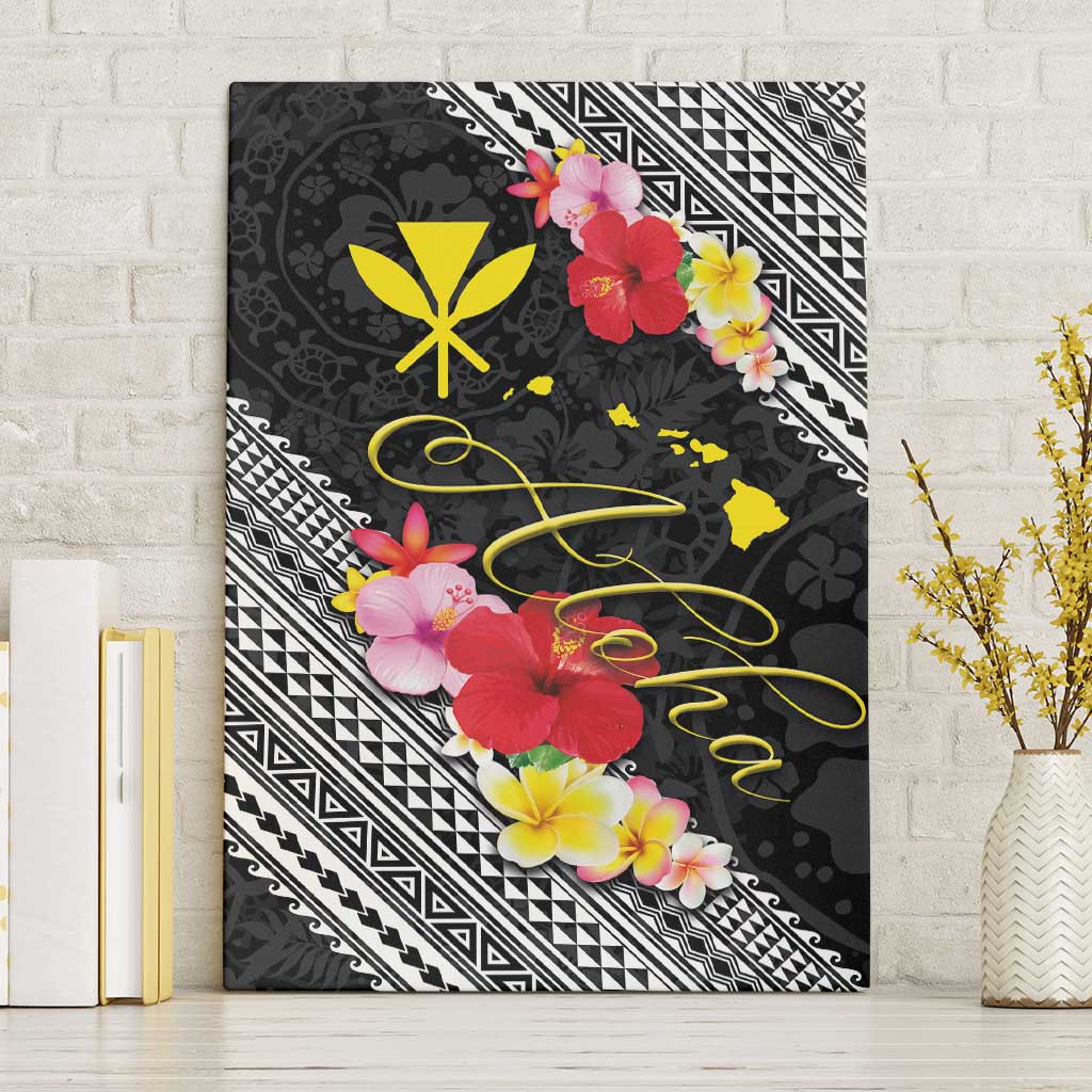 Aloha Hawaii Hibiscus and Plumeria Flowers Canvas Wall Art Kanaka Maoli Tattoo Polynesian Pattern LT03 Without Frame Black - Polynesian Pride