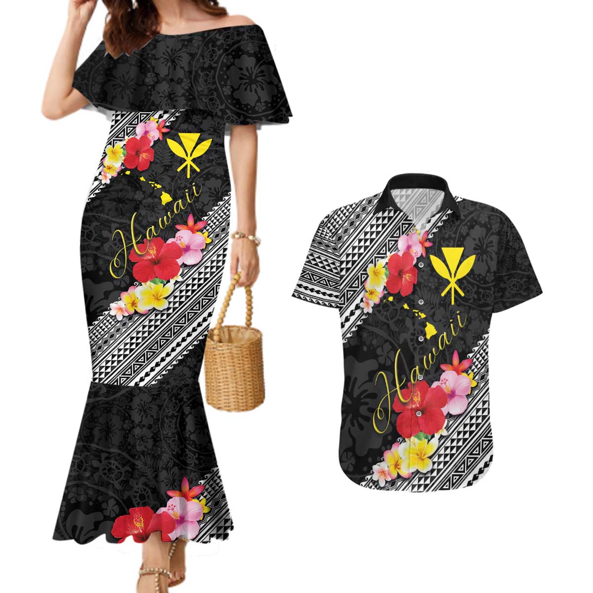 Aloha Hawaii Hibiscus and Plumeria Flowers Couples Matching Mermaid Dress and Hawaiian Shirt Kanaka Maoli Tattoo Polynesian Pattern LT03 Black - Polynesian Pride