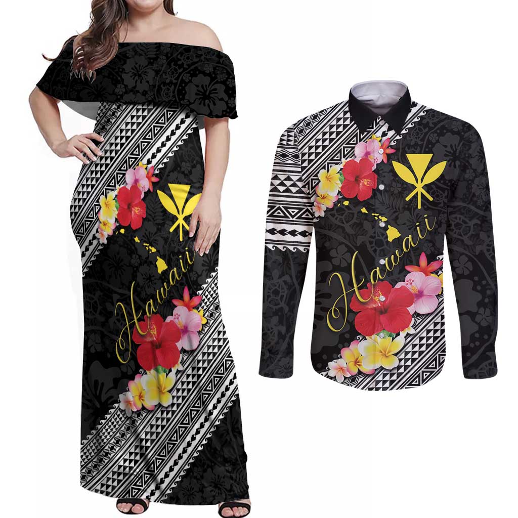 Aloha Hawaii Hibiscus and Plumeria Flowers Couples Matching Off Shoulder Maxi Dress and Long Sleeve Button Shirt Kanaka Maoli Tattoo Polynesian Pattern LT03 Black - Polynesian Pride