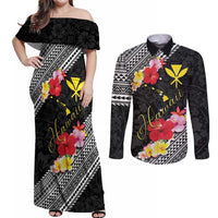 Aloha Hawaii Hibiscus and Plumeria Flowers Couples Matching Off Shoulder Maxi Dress and Long Sleeve Button Shirt Kanaka Maoli Tattoo Polynesian Pattern