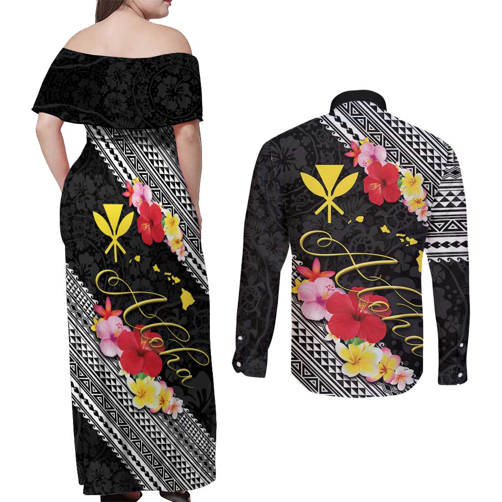 Aloha Hawaii Hibiscus and Plumeria Flowers Couples Matching Off Shoulder Maxi Dress and Long Sleeve Button Shirt Kanaka Maoli Tattoo Polynesian Pattern