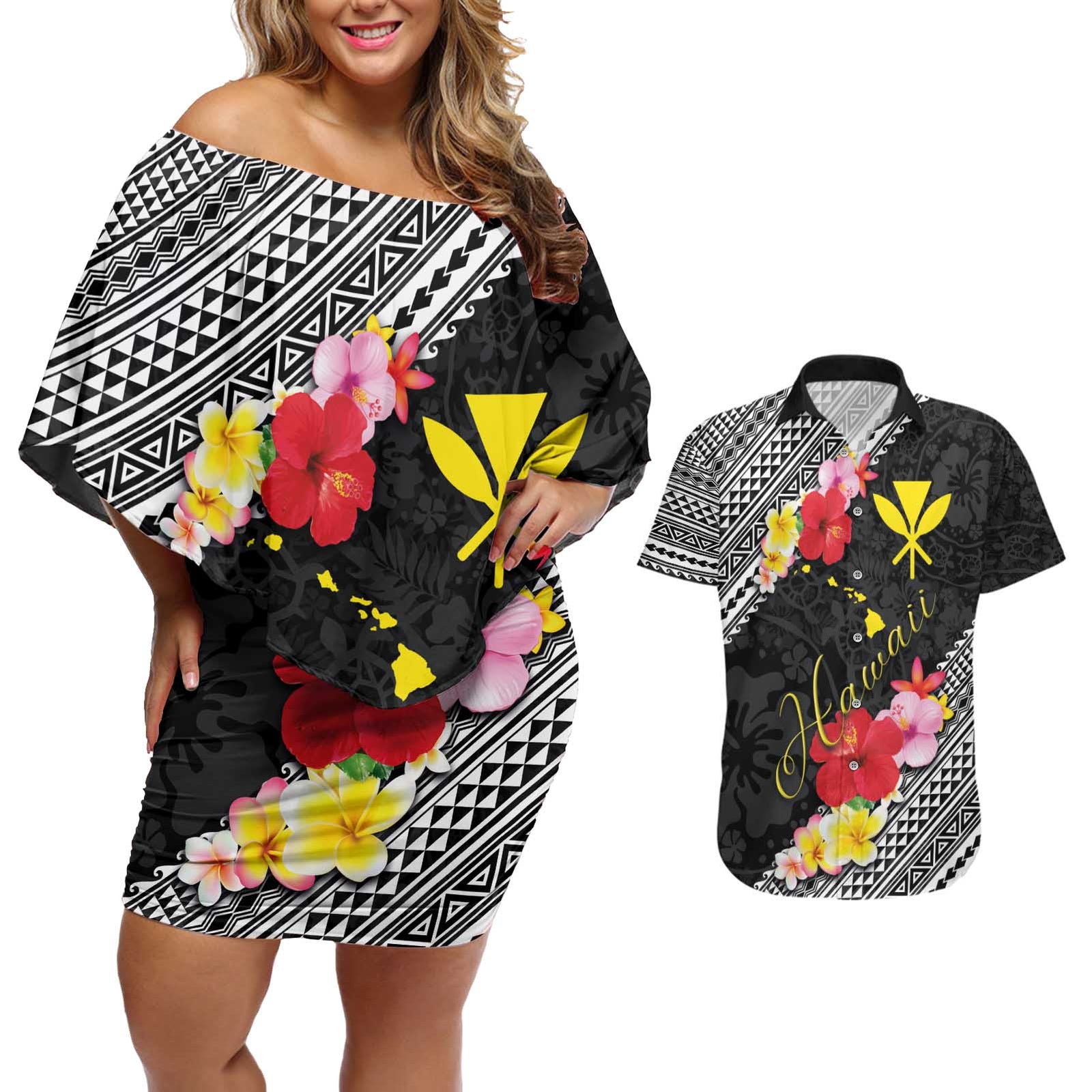Aloha Hawaii Hibiscus and Plumeria Flowers Couples Matching Off Shoulder Short Dress and Hawaiian Shirt Kanaka Maoli Tattoo Polynesian Pattern LT03 Black - Polynesian Pride