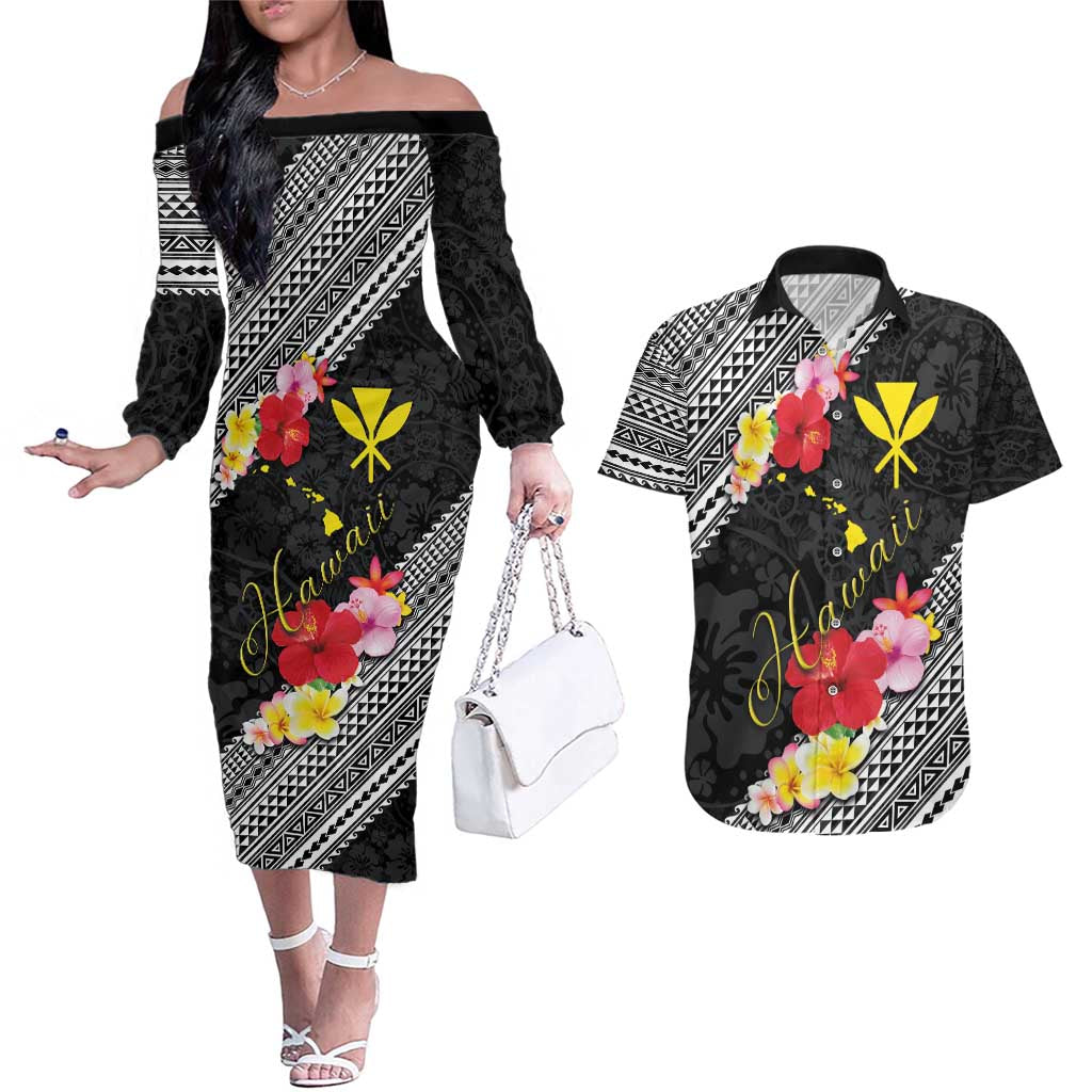 Aloha Hawaii Hibiscus and Plumeria Flowers Couples Matching Off The Shoulder Long Sleeve Dress and Hawaiian Shirt Kanaka Maoli Tattoo Polynesian Pattern LT03 Black - Polynesian Pride