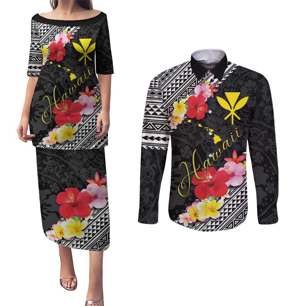 Aloha Hawaii Hibiscus and Plumeria Flowers Couples Matching Puletasi and Long Sleeve Button Shirt Kanaka Maoli Tattoo Polynesian Pattern LT03 Black - Polynesian Pride