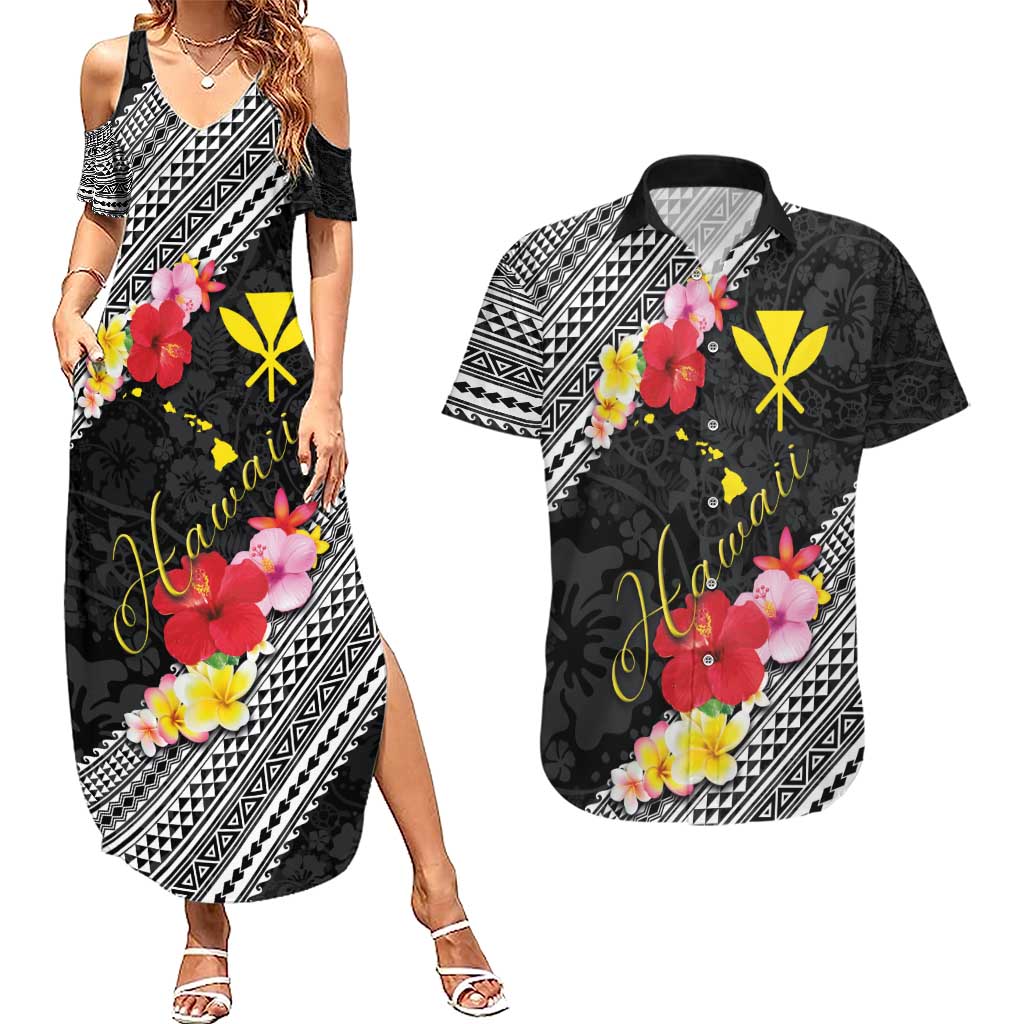 Aloha Hawaii Hibiscus and Plumeria Flowers Couples Matching Summer Maxi Dress and Hawaiian Shirt Kanaka Maoli Tattoo Polynesian Pattern LT03 Black - Polynesian Pride