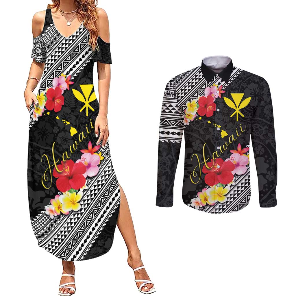 Aloha Hawaii Hibiscus and Plumeria Flowers Couples Matching Summer Maxi Dress and Long Sleeve Button Shirt Kanaka Maoli Tattoo Polynesian Pattern LT03 Black - Polynesian Pride