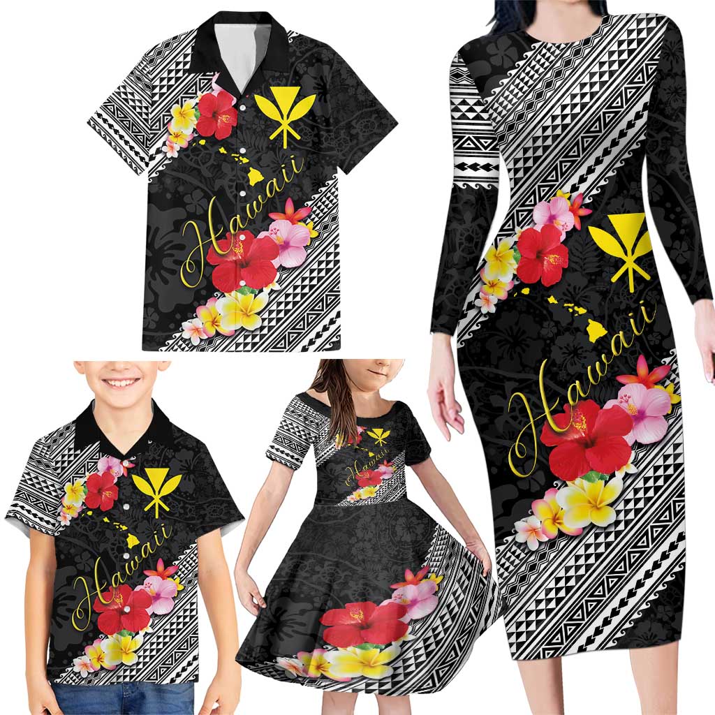 Aloha Hawaii Hibiscus and Plumeria Flowers Family Matching Long Sleeve Bodycon Dress and Hawaiian Shirt Kanaka Maoli Tattoo Polynesian Pattern LT03 - Polynesian Pride