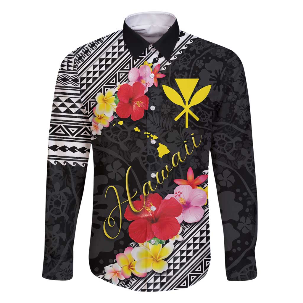 Aloha Hawaii Hibiscus and Plumeria Flowers Family Matching Long Sleeve Bodycon Dress and Hawaiian Shirt Kanaka Maoli Tattoo Polynesian Pattern