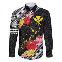 Aloha Hawaii Hibiscus and Plumeria Flowers Family Matching Off Shoulder Short Dress and Hawaiian Shirt Kanaka Maoli Tattoo Polynesian Pattern