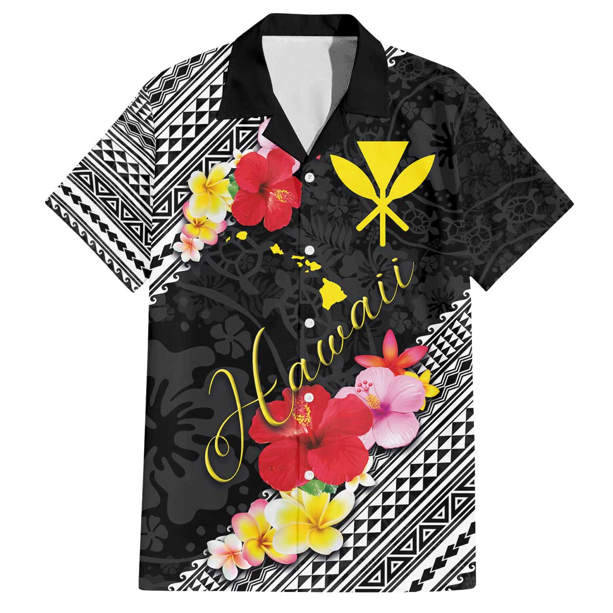 Aloha Hawaii Hibiscus and Plumeria Flowers Family Matching Puletasi and Hawaiian Shirt Kanaka Maoli Tattoo Polynesian Pattern