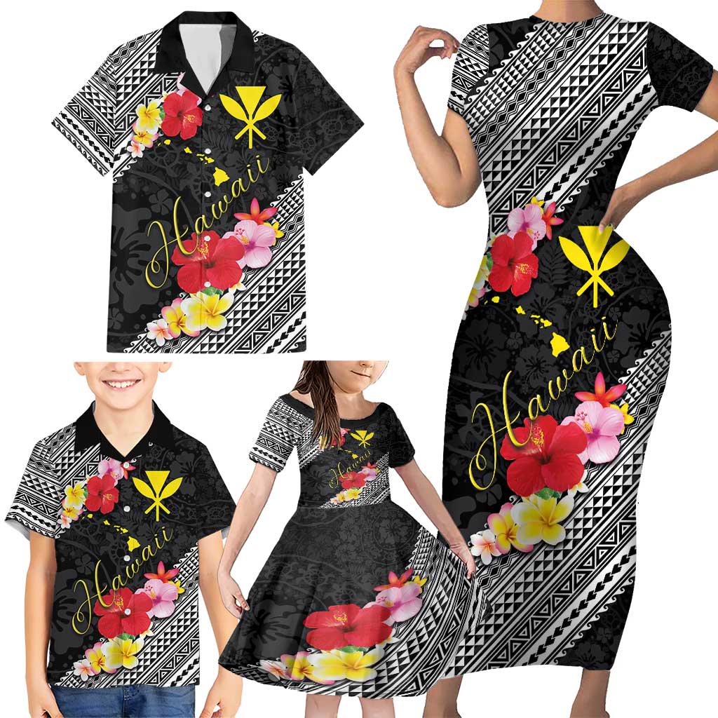 Aloha Hawaii Hibiscus and Plumeria Flowers Family Matching Short Sleeve Bodycon Dress and Hawaiian Shirt Kanaka Maoli Tattoo Polynesian Pattern LT03 - Polynesian Pride