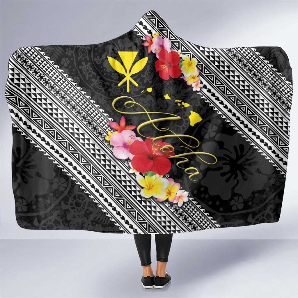 Aloha Hawaii Hibiscus and Plumeria Flowers Hooded Blanket Kanaka Maoli Tattoo Polynesian Pattern LT03 One Size Black - Polynesian Pride