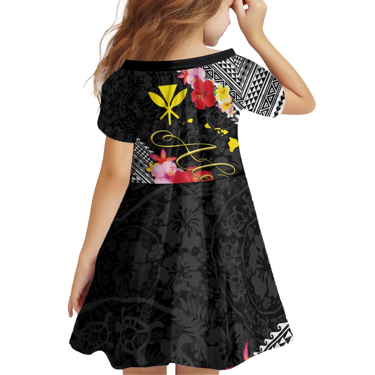 Aloha Hawaii Hibiscus and Plumeria Flowers Kid Short Sleeve Dress Kanaka Maoli Tattoo Polynesian Pattern