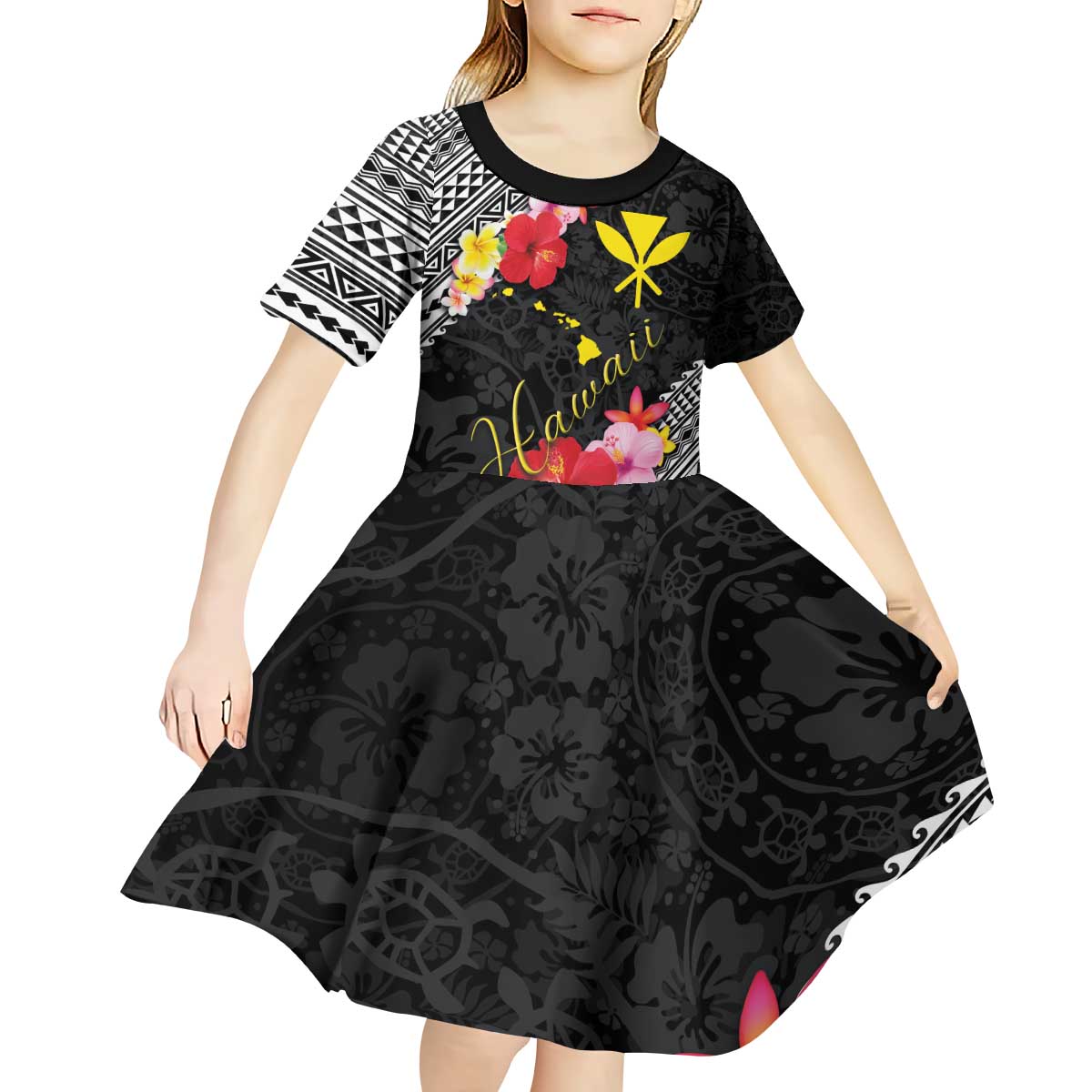 Aloha Hawaii Hibiscus and Plumeria Flowers Kid Short Sleeve Dress Kanaka Maoli Tattoo Polynesian Pattern