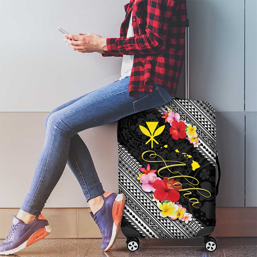 Aloha Hawaii Hibiscus and Plumeria Flowers Luggage Cover Kanaka Maoli Tattoo Polynesian Pattern
