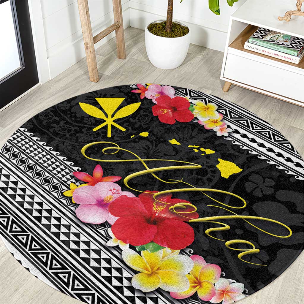 Aloha Hawaii Hibiscus and Plumeria Flowers Round Carpet Kanaka Maoli Tattoo Polynesian Pattern LT03 Black - Polynesian Pride