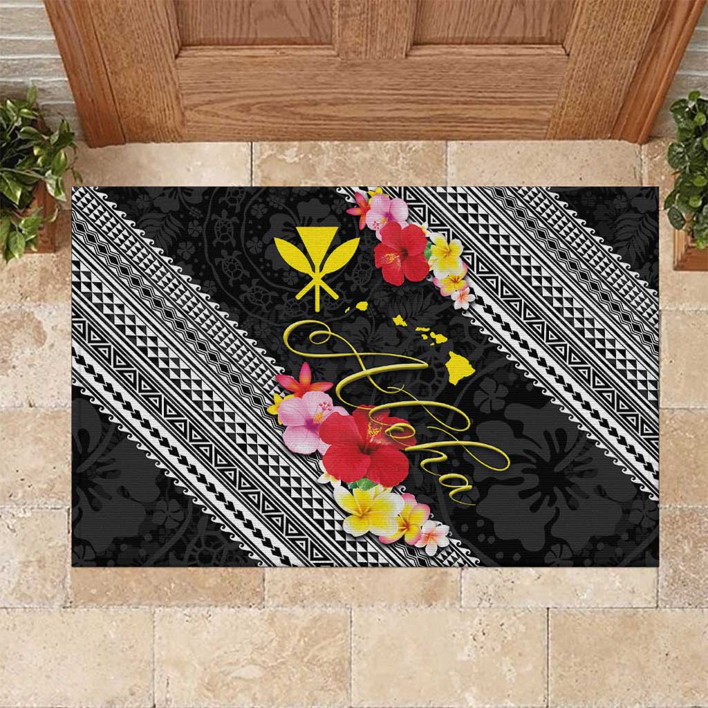 Aloha Hawaii Hibiscus and Plumeria Flowers Rubber Doormat Kanaka Maoli Tattoo Polynesian Pattern