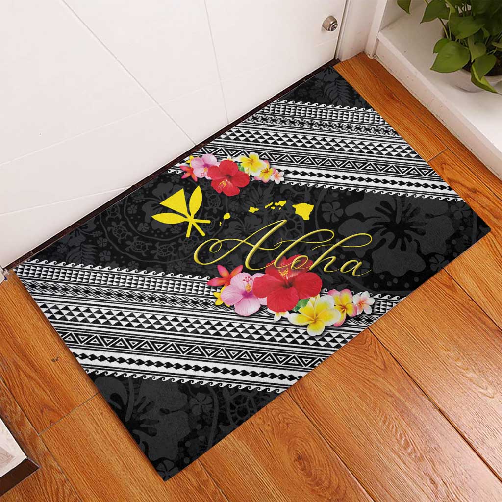 Aloha Hawaii Hibiscus and Plumeria Flowers Rubber Doormat Kanaka Maoli Tattoo Polynesian Pattern