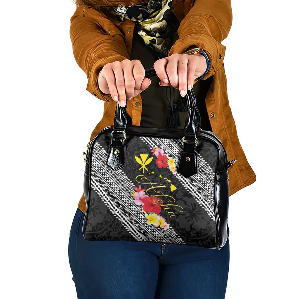 Aloha Hawaii Hibiscus and Plumeria Flowers Shoulder Handbag Kanaka Maoli Tattoo Polynesian Pattern LT03 One Size Black - Polynesian Pride