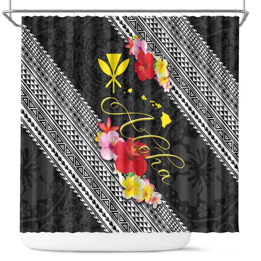 Aloha Hawaii Hibiscus and Plumeria Flowers Shower Curtain Kanaka Maoli Tattoo Polynesian Pattern LT03 Black - Polynesian Pride