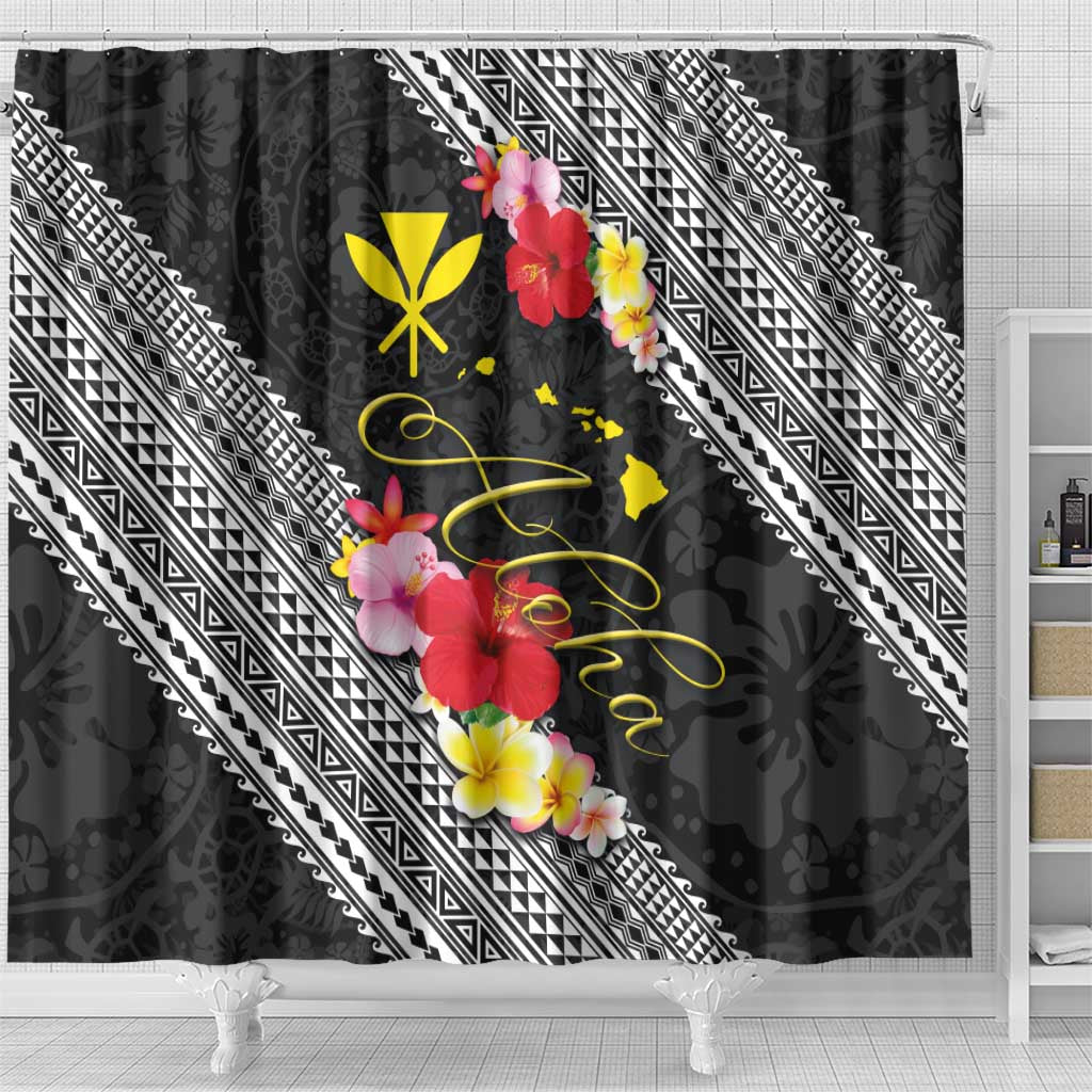 Aloha Hawaii Hibiscus and Plumeria Flowers Shower Curtain Kanaka Maoli Tattoo Polynesian Pattern