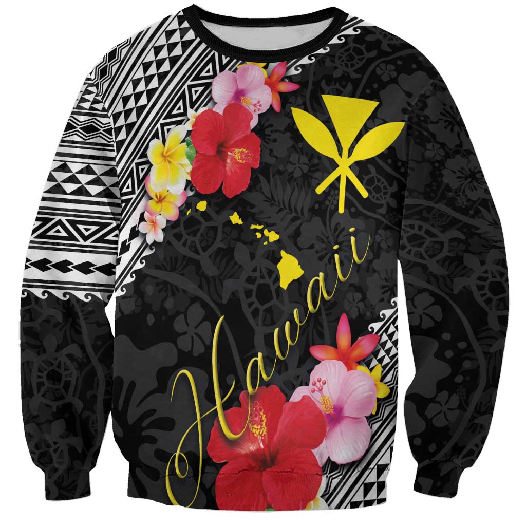 Aloha Hawaii Hibiscus and Plumeria Flowers Sweatshirt Kanaka Maoli Tattoo Polynesian Pattern LT03 Unisex Black - Polynesian Pride