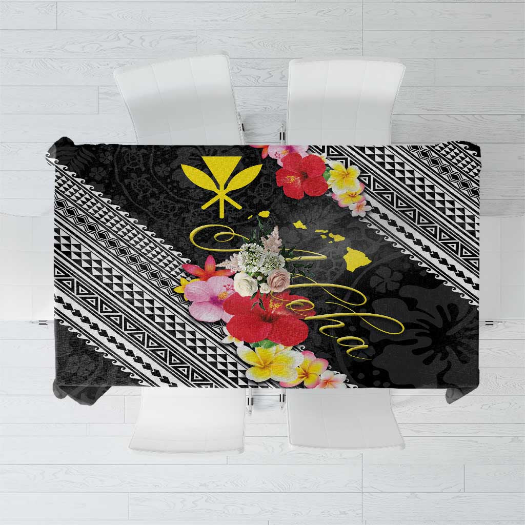 Aloha Hawaii Hibiscus and Plumeria Flowers Tablecloth Kanaka Maoli Tattoo Polynesian Pattern LT03 Black - Polynesian Pride