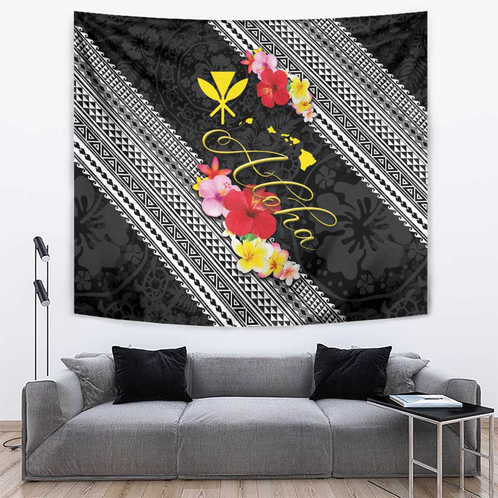 Aloha Hawaii Hibiscus and Plumeria Flowers Tapestry Kanaka Maoli Tattoo Polynesian Pattern LT03 Black - Polynesian Pride