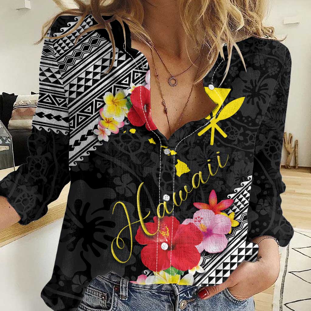Aloha Hawaii Hibiscus and Plumeria Flowers Women Casual Shirt Kanaka Maoli Tattoo Polynesian Pattern