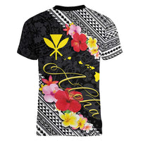 Aloha Hawaii Hibiscus and Plumeria Flowers Women V-Neck T-Shirt Kanaka Maoli Tattoo Polynesian Pattern